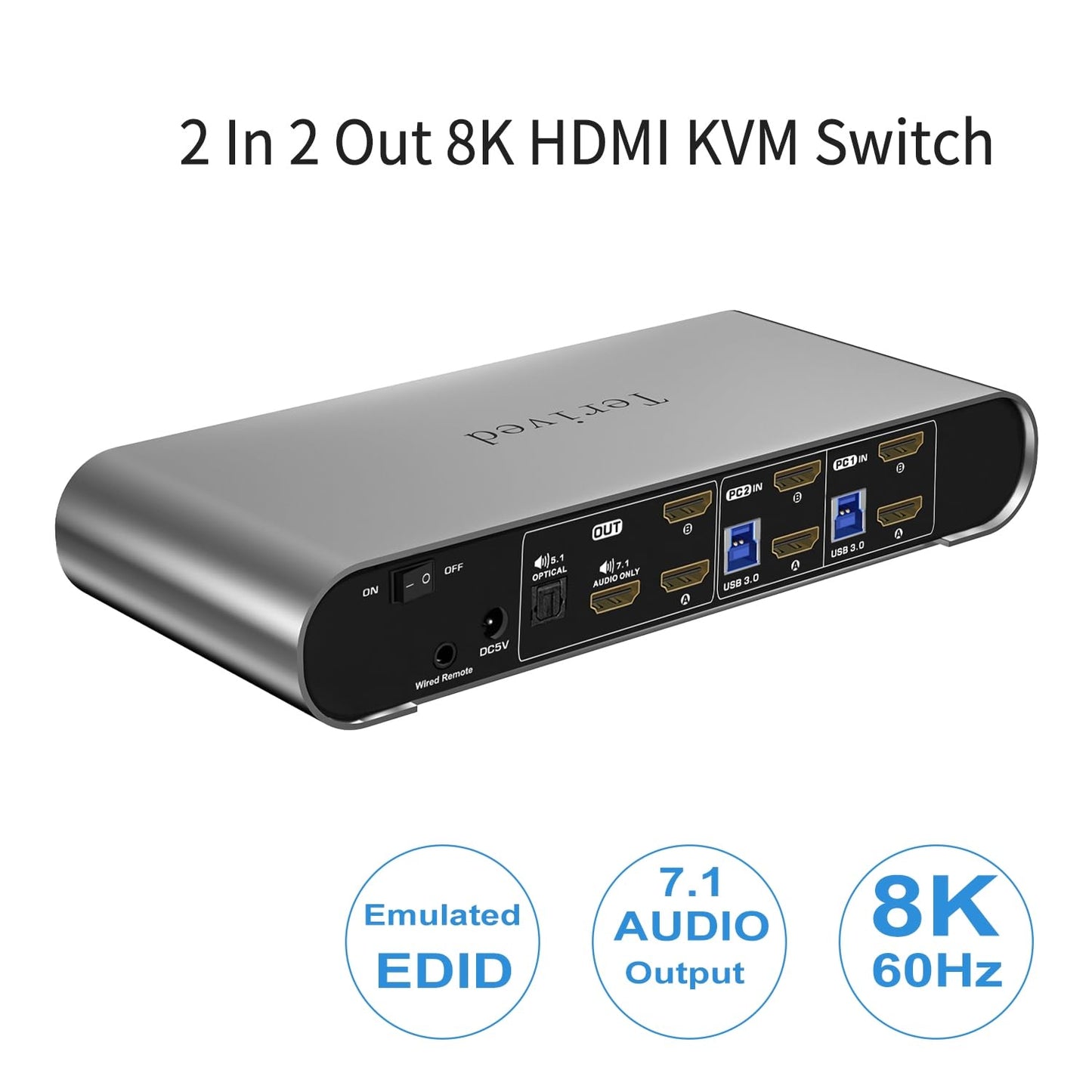 Terived 2 Computers 2 HDMI Monitor Automatic KVM Switch 8K@60Hz, Hotkey Switching, EDID, Support 5.1/7.1 Audio and Microphone, Aluminum Shell with Digital Display, USB 3.0 Hub, HDR10 with Cables