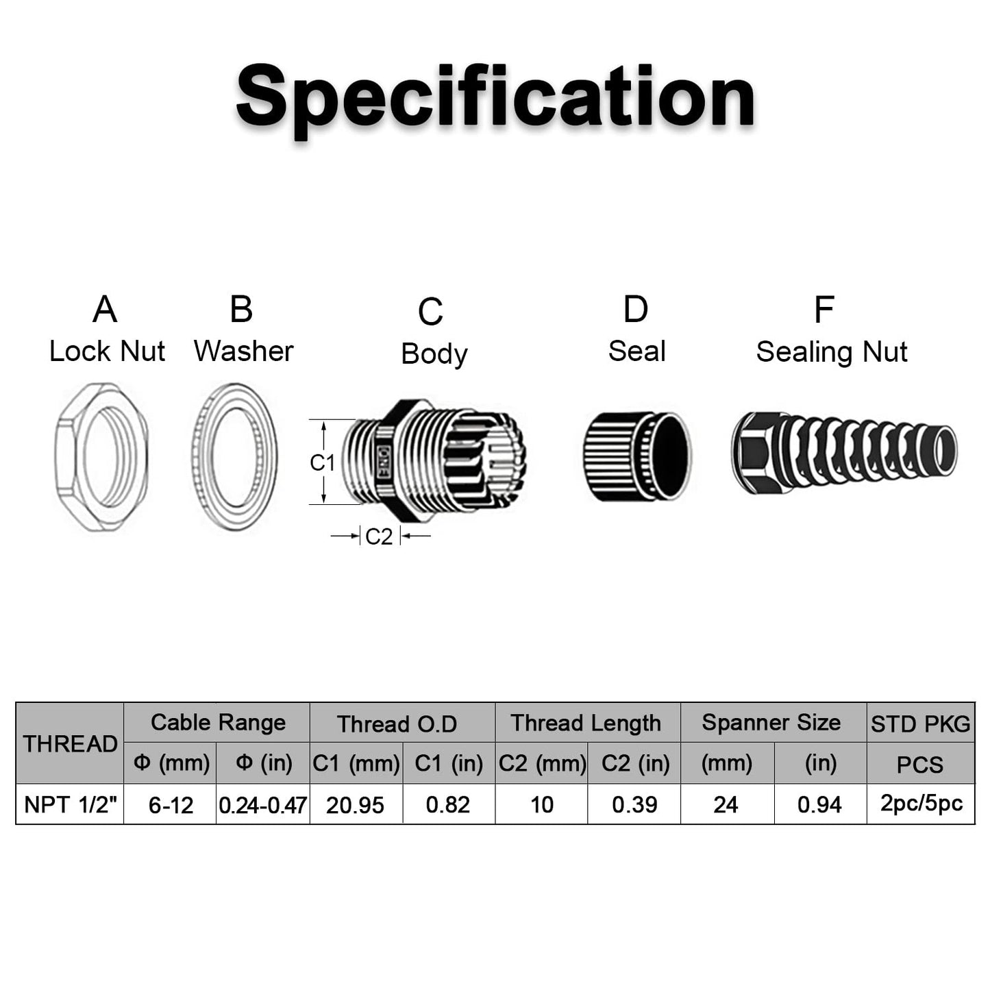LeMotech 5Pcs NPT 1/2" IP68 Waterproof Cable Gland Flex Spiral Strain Relief Black Nylon Joint with Gaskets for 6-12mm Wire Thread