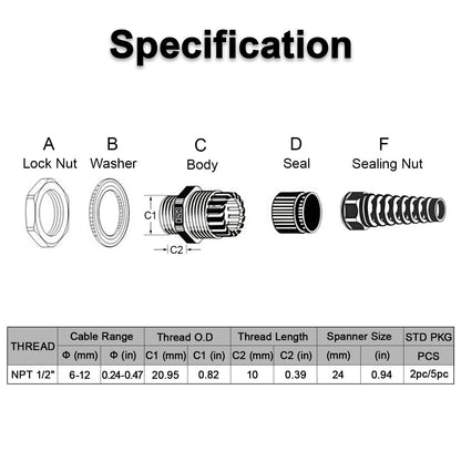 LeMotech 5Pcs NPT 1/2" IP68 Waterproof Cable Gland Flex Spiral Strain Relief Black Nylon Joint with Gaskets for 6-12mm Wire Thread