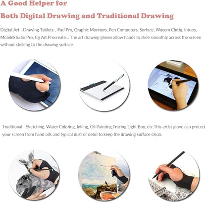Drawing Glove, 3-Layer Palm Rejection Digital Art Glove for Graphic Tablet, Artist Gloves with Two Fingers for iPad, Paper Sketching, Smudge Guard (2 PCS, Lager)