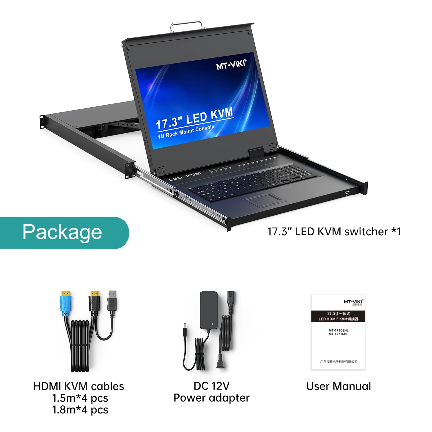 MT-VIKI® KVM Rack Mount HDMI with 17.3'' LCD Monitor, 1080P@60Hz Support OSD/Hotkey, Included 8 KVM Cables+Keyboard + Touchpad, Fit 1U 19'' Rack, Mount Depth 23.6-31.8"