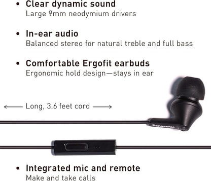 Panasonic ErgoFit Wired Earbuds With Microphone, 3.5mm Jack Wired Headphones with Mic and Call Controller, Ergonomic Custom-Fit Earpieces (S/M/L), for Phones and Laptops - RP-TCM125-KA (Matte Black)