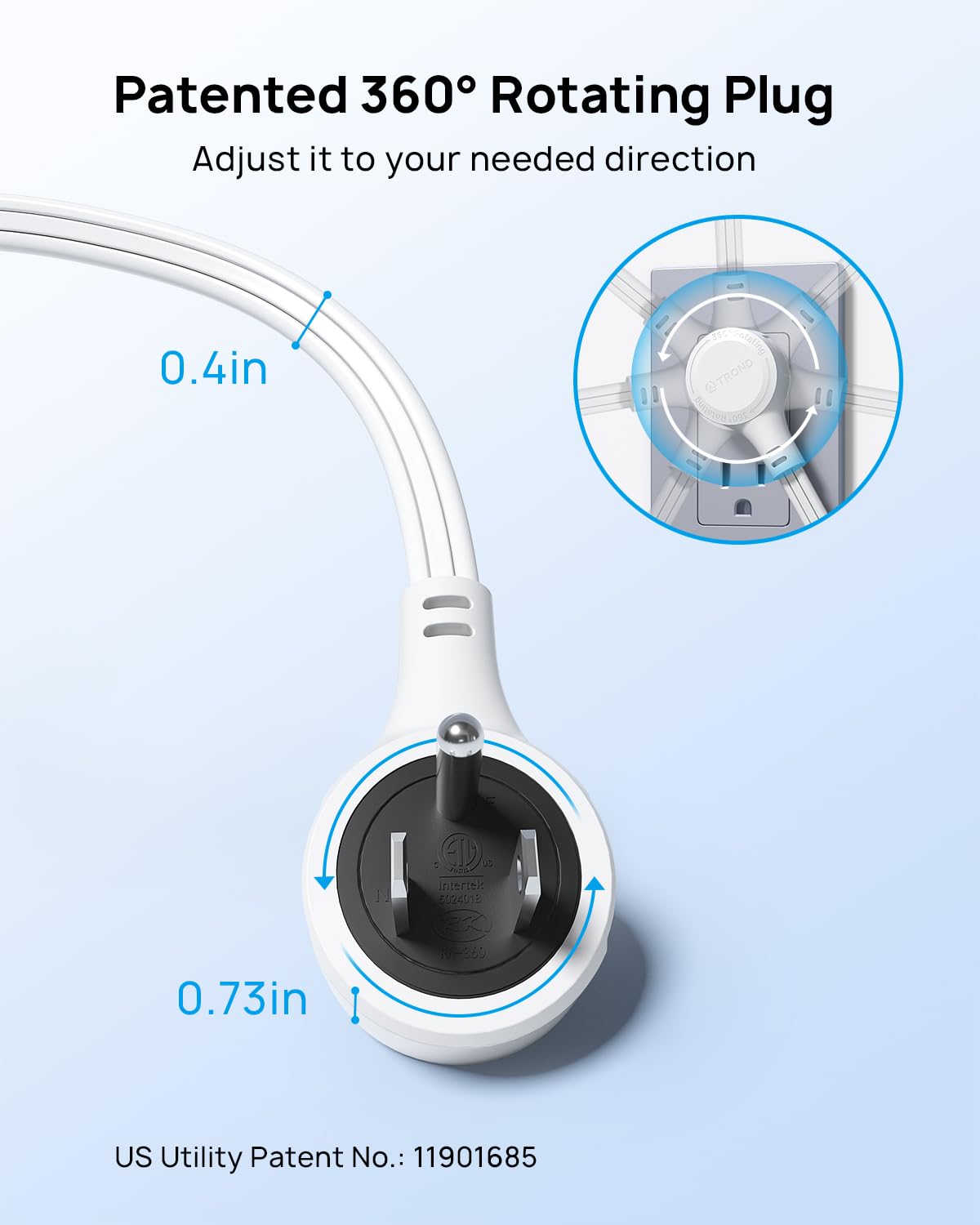 TROND Rotating Flat Plug Short Extension Cord 3ft, 3 AC, ETL Listed, White