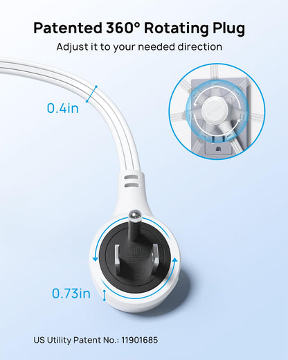 TROND Rotating Flat Plug Short Extension Cord 3ft, 3 AC, ETL Listed, White