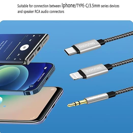 3 in 1 Audio Cable, iOS Phone/3.5mm AUX/USB C to 2 RCA,Stereo Audio Adapter for iPhone/Type C Phone/AUX to Amplifier/Sound Box & Home Theater etc.7.5FT