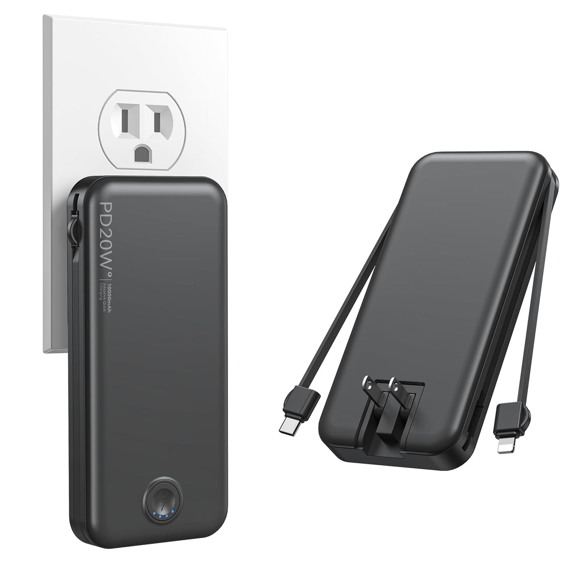 Nusyddy Portable Charger 10000mAh Fast Charging w/Built-in Wall Plug White
