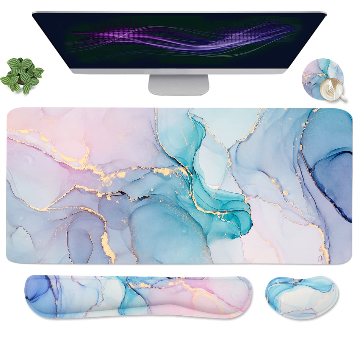 Keyboard Mouse Pad Set, Extended Mouse Pad+Keyboard Wrist Rest Support, Memory Foam Ergonomic Easy Typing, 3Pcs (35.4×15.7 in) Desk Pad Set for Home Office Study Game - Malachite Marble