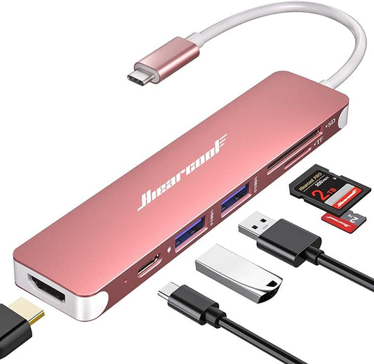 Hiearcool USB C Hub, 7-in-1 USB C Dongle for MacBook, HDMI, PD, Rose Gold