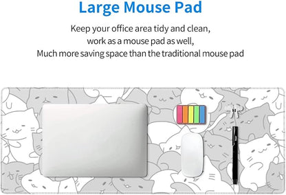 White Kawaii Cats E-Sport Mouse Pad Large Desk Mat Non-Slip Rubber Base Stitched Edge Keyboard Mouse Pad for Office Home E-Sport Computer Laptop, 31.5×11.8 Inches