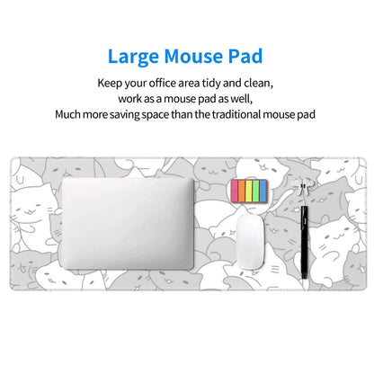 White Kawaii Cats E-Sport Mouse Pad Large Desk Mat Non-Slip Rubber Base Stitched Edge Keyboard Mouse Pad for Office Home E-Sport Computer Laptop, 31.5×11.8 Inches