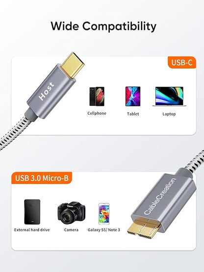 CableCreation 1FT USB C to Micro B Cable,10Gbps Speed External Hard Drive Braided,USB 3.1 Type C to Micro B Work for iPhone 15 Series,Seagate WD Westgate My Passport,MacBook Pro/Air, iPad/Tablet,Grey