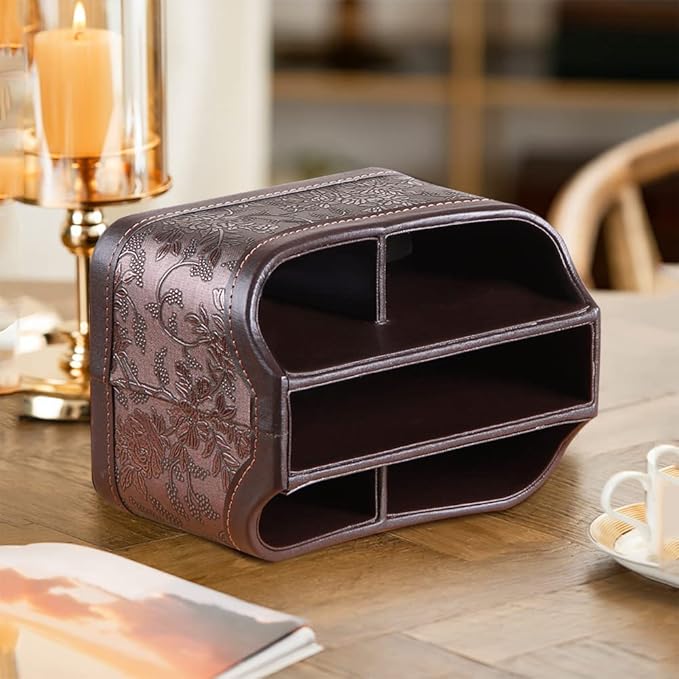 Fanousy 360° Rotating Remote Control Holder, PU Leather TV Remote Caddy Organizer Basket Storage Box with 5 Compartments for Pen, Pencil, Art Supplies, Makeup Brush, Office Desk Table Accessories