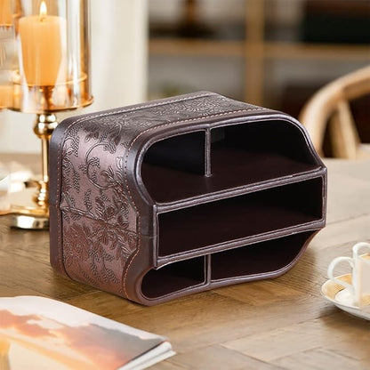 Fanousy 360° Rotating Remote Control Holder, PU Leather TV Remote Caddy Organizer Basket Storage Box with 5 Compartments for Pen, Pencil, Art Supplies, Makeup Brush, Office Desk Table Accessories