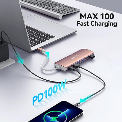 Acodot 9 in 1 USB C to 4K@60HZ HDMI Multiport Adapter, 3 USB 3.0 Ports, SD/TF Card Reader, 100W PD, Designed for MacBook Pro Air HP XPS etc, Rose Gold