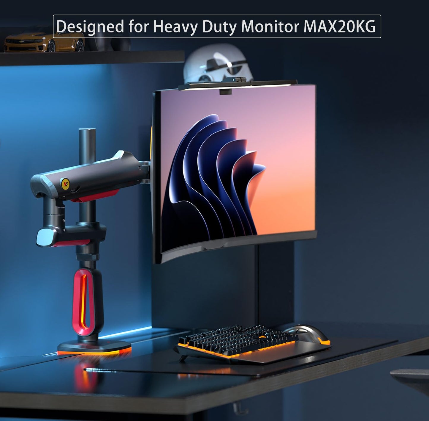 NB Extra Height Gaming Monitor Arm for 32 to 60 Inches Screen, Load up to 20 kg, VESA 75/100, RGB-Light, Heavy Duty, Multi Angle Adjustable, Premium Aluminum, Long Arm Extension Red