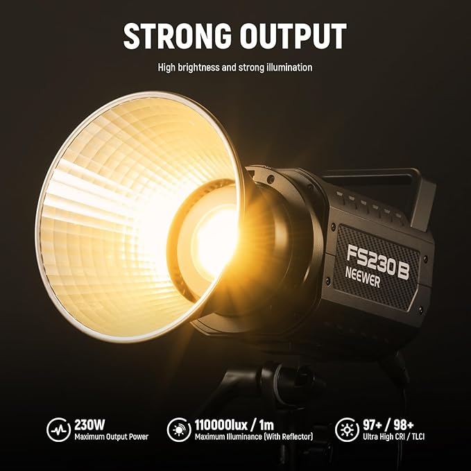 NEEWER FS230B LED Video Light 2.4G/APP Control, 230W Bi Color COB Silent Photography Continuous Output Lighting with 4 PWM Dimming Types, 110000lux/m, 2700K-6500K, CRI 97+, 12 Scenes, Bowens Mount