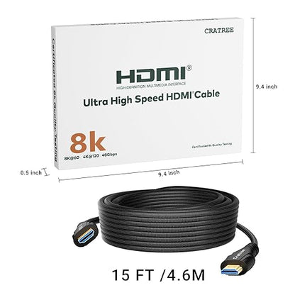 HDMI Cable 15FT Long - Certified 8K Ultra High Speed HDMI Cable,48Gbps Braided HDMI Cord,8K 60hz,4K 120hz,eARC,HDCP 2.2&2.3 - Compatible for HDTV/PS5