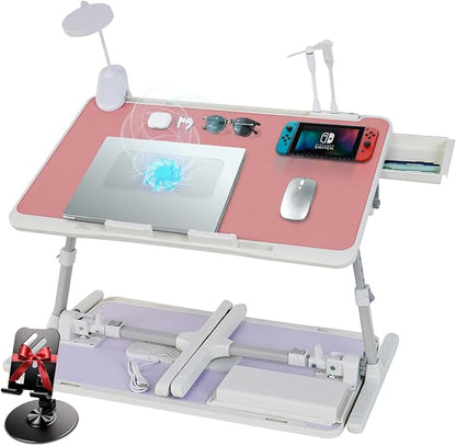 Laptop Lap Desk Include Cooling Fan,Adjustable Lap Desk with Light Fan,Folding Laptop Desk for Bed with USB,Bed Desk with Storage Drawer 60x40cm,Pink