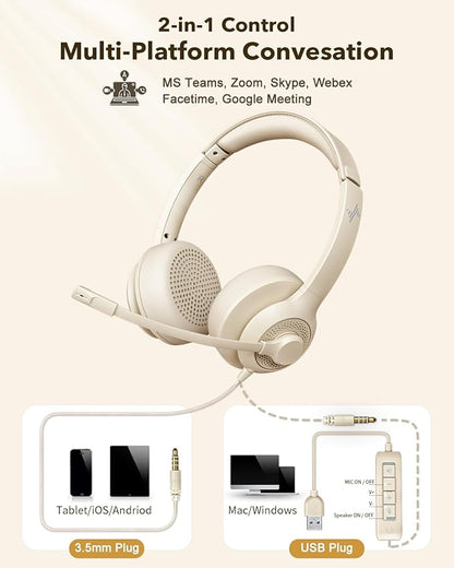 USB Headset with Microphone for PC, On-Ear Computer Laptop Headphones with Noise Cancelling Mic in-line Control for Home Office Online Class Zoom (USB+3.5mm, Apricot)