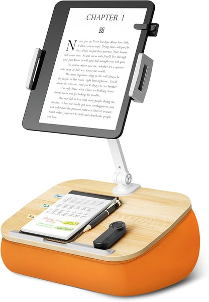 Lap Beanbag Cozy Kindle Pillow Stand for Bed with Adjustable Arm, 360° Tablet Holder, Fits 4.7"-13" Kindle, iPad, Phone, Lap Desk for Hands Free Reading in Bed, Couch, Sofa,Orange
