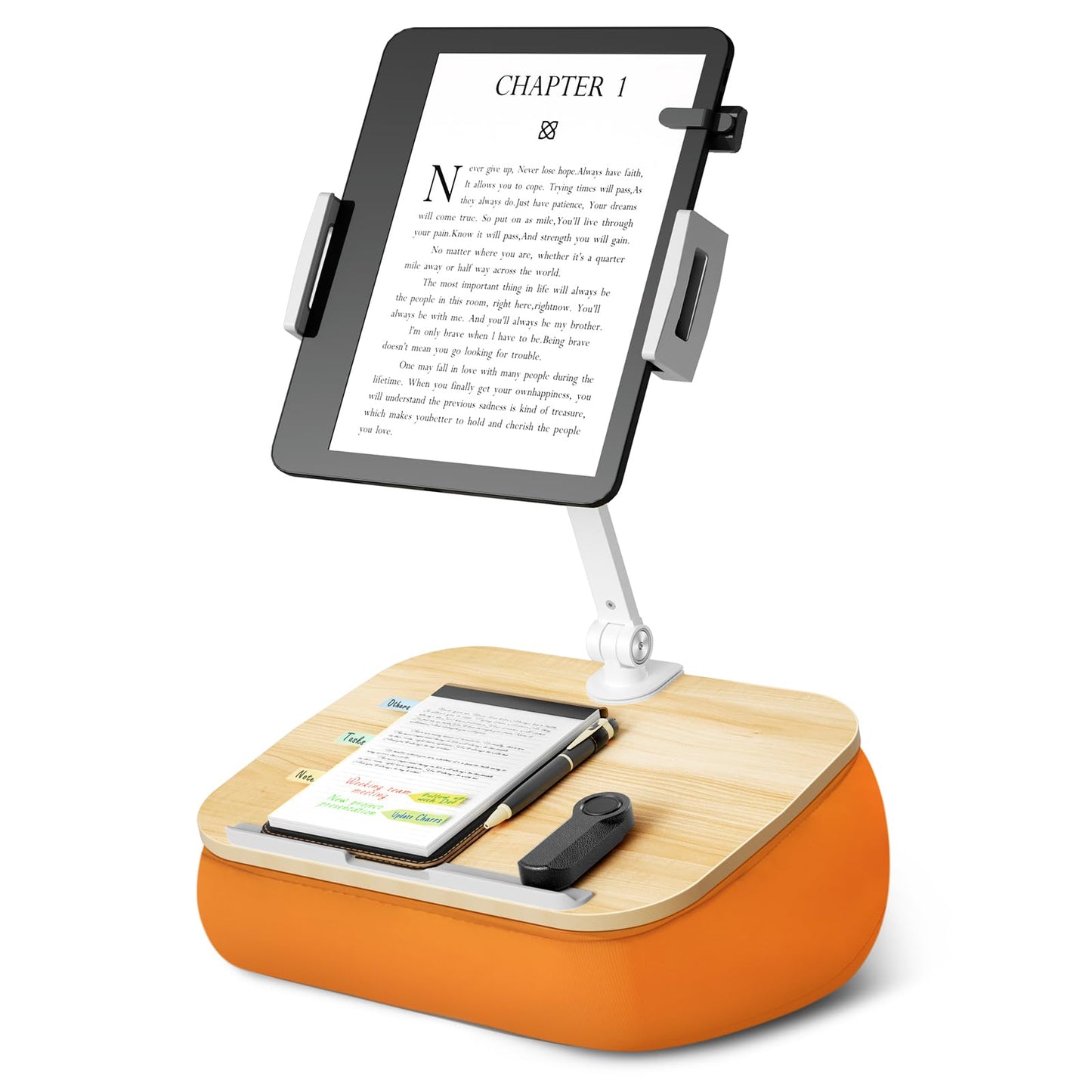 ERGONOV Lap Beanbag Cozy Pillow Stand for Bed with Adjustable Arm, 360° Tablet Holder, Fits 4.7"-13" Kindle, iPad, Phone, Lap Desk for Hands Free Reading in Bed, Couch, Sofa,Orange