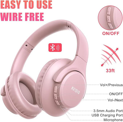KVIDIO Bluetooth Headphones Over Ear, 65 Hours Playtime Wireless Headphones with Microphone, Foldable Lightweight Headset with Bass and Stereo Sound Low Latency for Travel Work Cellphone