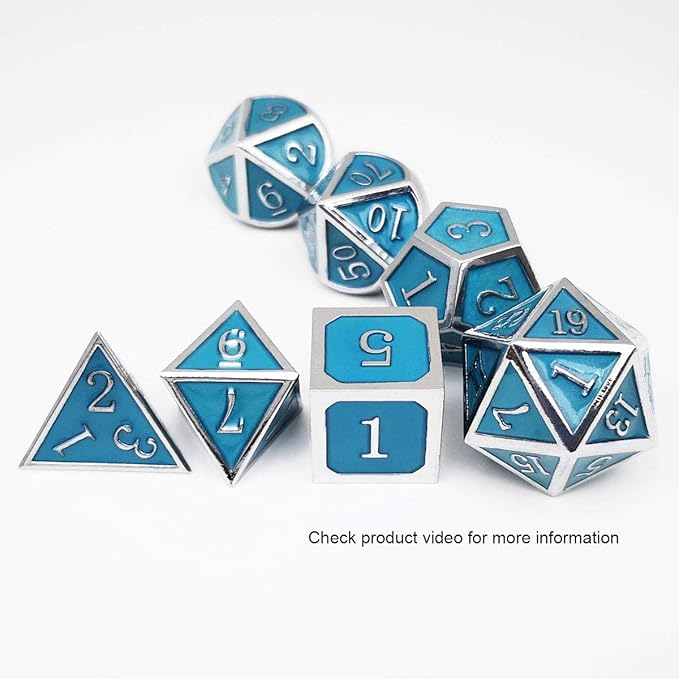 Haxtec Glow in The Dark Metal Dice Set D&D Glowing Blue Silver W/Dragon Dice Bag 7 Die D&D Dice Set Compatible with Dungeons and Dragons RPG