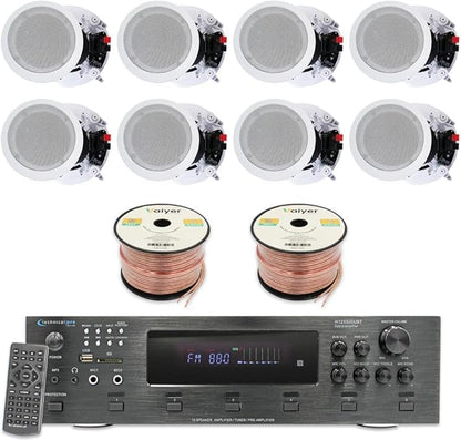 Home Theater System Kit - 6 Channel 6000 Watts Bluetooth Amplifier, 8 Qty of 8” Framed Ceiling Speakers 300 W Each, 16 AWG 500 ft Speaker Wire & Remote Ideal for Home, Office by Technical Pro