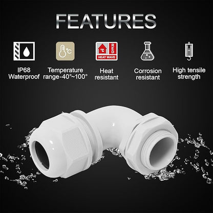 LeMotech M40 Cable Gland, 90 Degree Adjustable 26-33mm Cable Range Strain Relief, Cord Connectors Nylon Joints with Gaskets, 2 Pcs, Grey