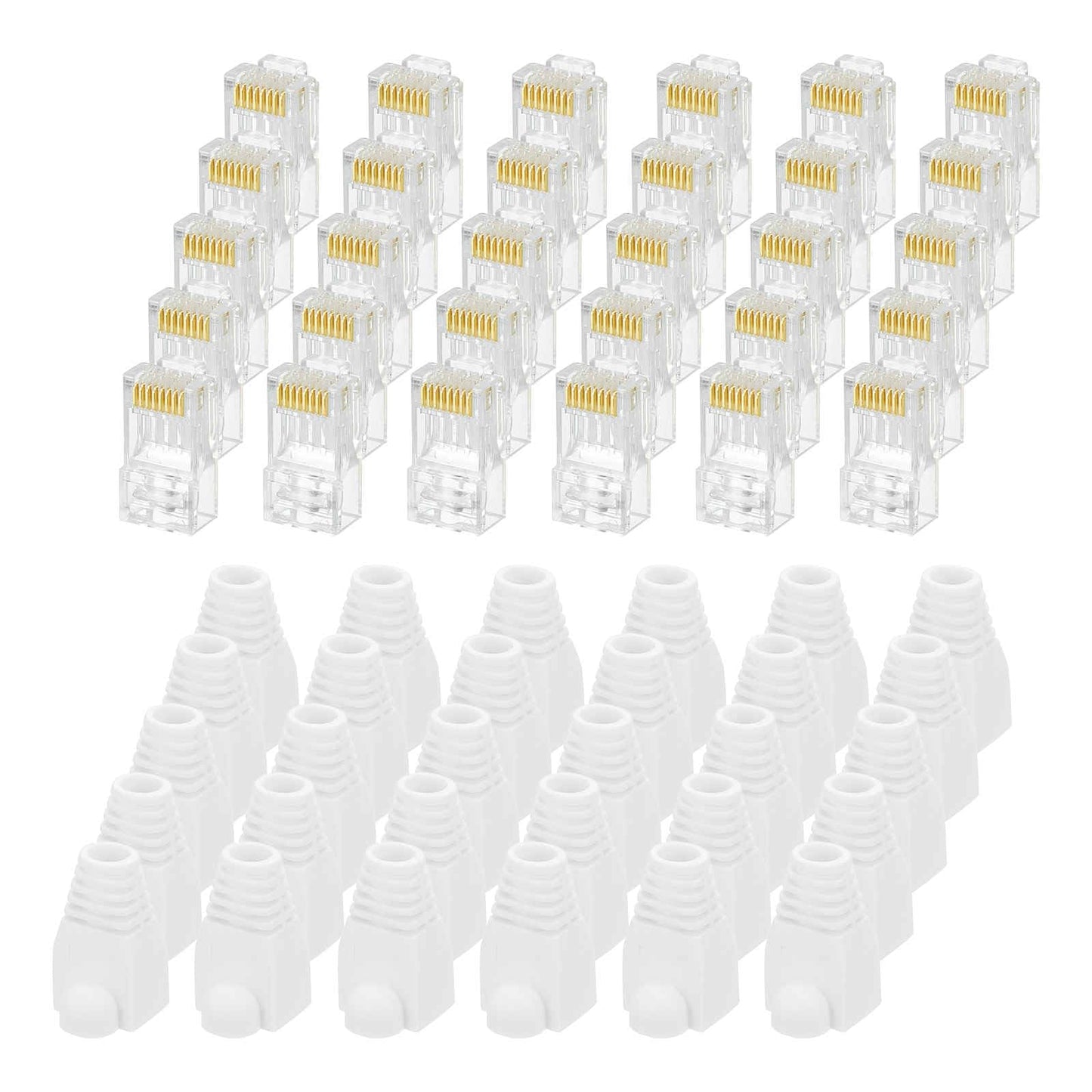 MECCANIXITY 30pcs Cat6 RJ45 Pass Through Connectors, RJ45 Connector 8P8C Gold Plated Plugs with 30pcs White Strain Relief Boots for Solid or Stranded UTP Ethernet Cable, 1.1mm