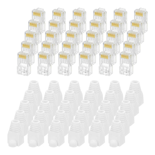 MECCANIXITY 30pcs Cat6 RJ45 Pass Through Connectors, RJ45 Connector 8P8C Gold Plated Plugs with 30pcs White Strain Relief Boots for Solid or Stranded UTP Ethernet Cable, 1.1mm