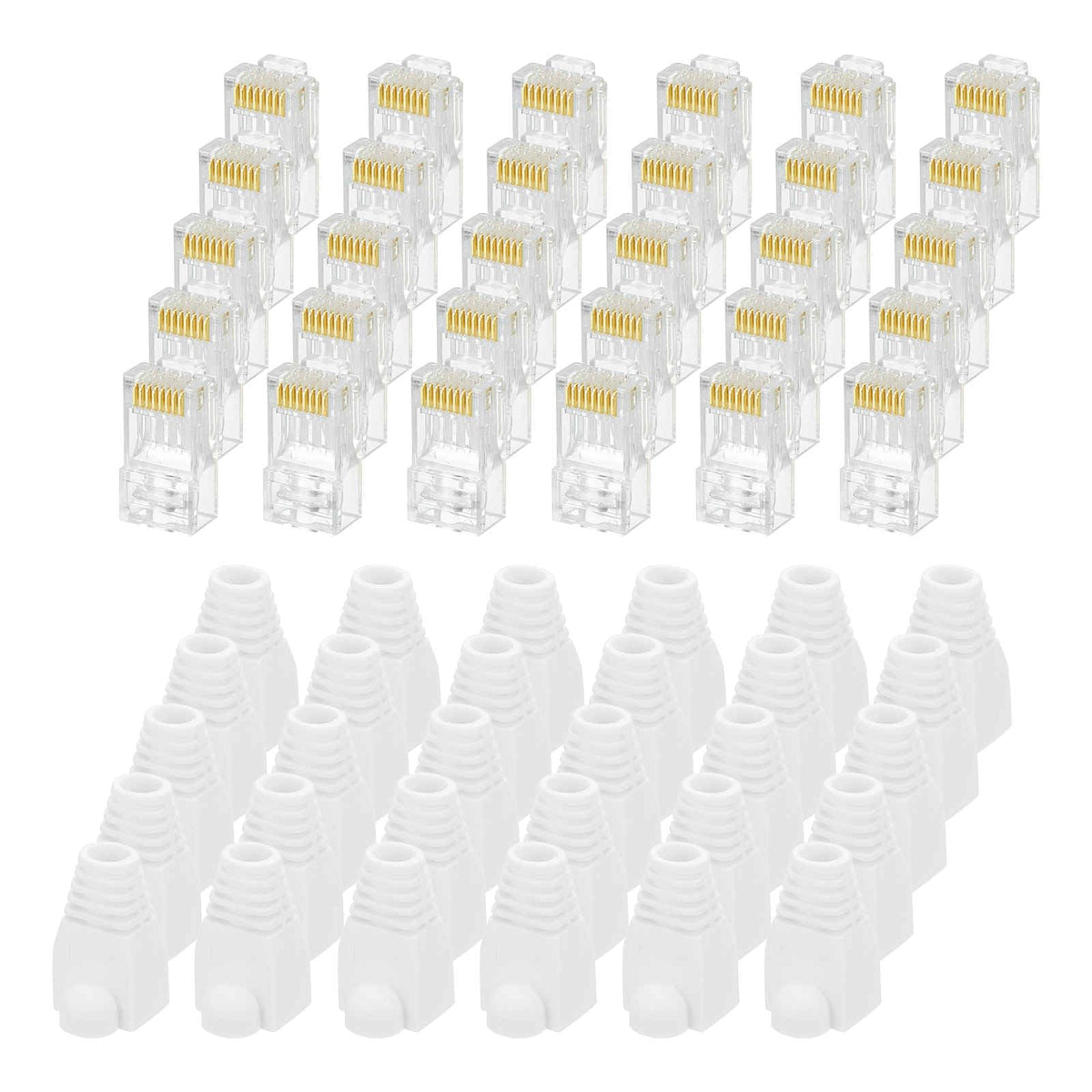 MECCANIXITY 30pcs Cat6 RJ45 Pass Through Connectors, RJ45 Connector 8P8C Gold Plated Plugs with 30pcs White Strain Relief Boots for Solid or Stranded UTP Ethernet Cable, 1.1mm
