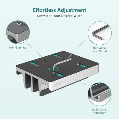 Vertical Laptop Stand - SPACEMax Adjustable GRIPLock Anti-Tip Silicone 4 Slots Aluminum Desktop Holder - Double Dock Stand - 2 Phone Slots Fits Up to 17.3” Laptops, Tablets, Phones - Silver