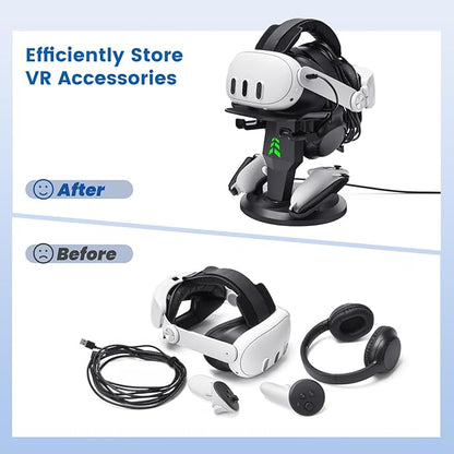 VR Headset Charging Dock for Meta Quest 3/Quest 3S/Quest 2, VR Charging Stand for Quest 3 Accessories VR Stand Supports Charging Headset with Type C Cable and fit Controller with Cover