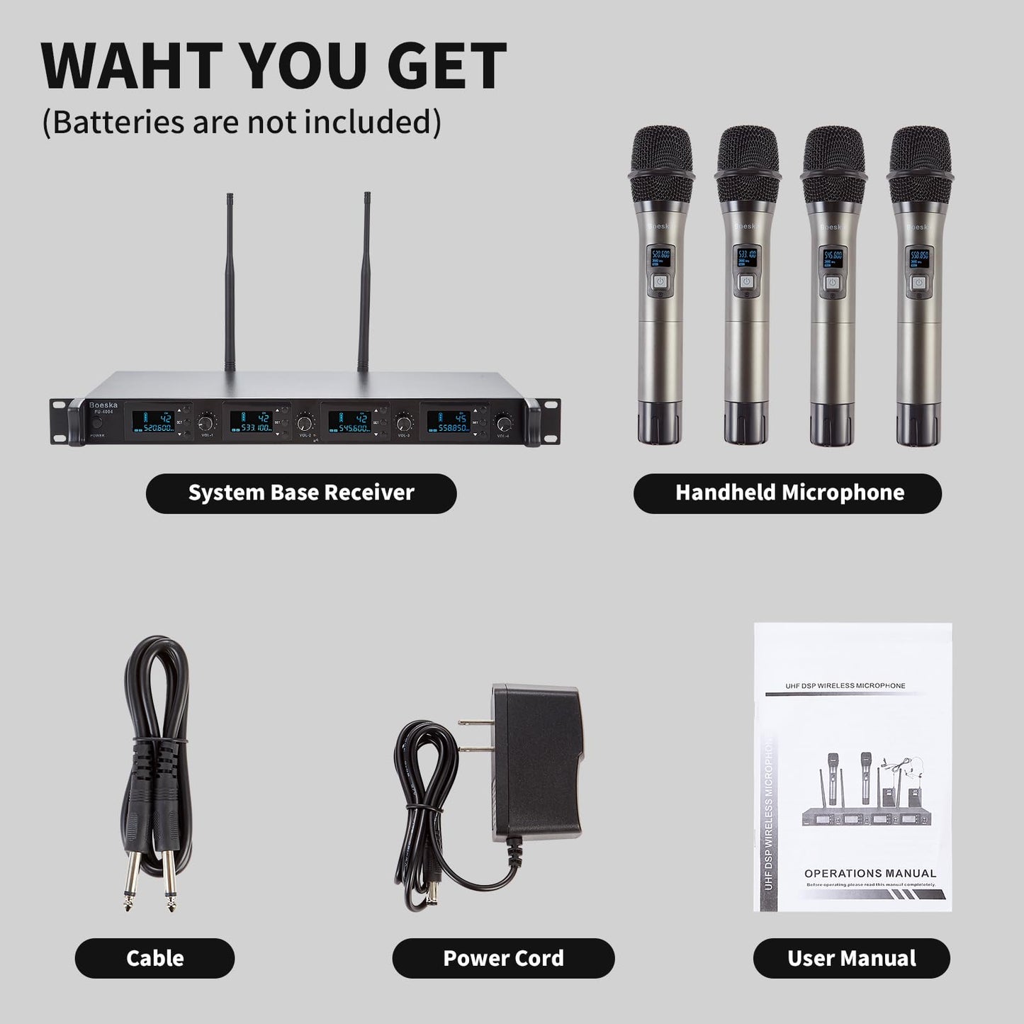 Boeska Wireless Microphone System, 4-Channel UHF Wireless Mic, Fixed Frequency Metal Cordless Mic with 4 Handheld Dynamic Microphones, 200ft Range, Mics for Singing, Church (4 Handheld)