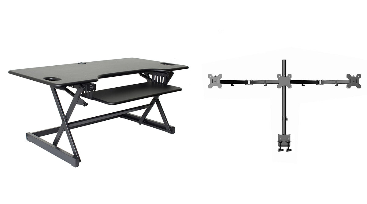 Rocelco 32" Height Adjustable Standing Desk Converter - Sit Stand Computer Workstation Riser - Dual Monitor Retractable Keyboard Tray Gas Spring Assist - Black (R EADRB2)