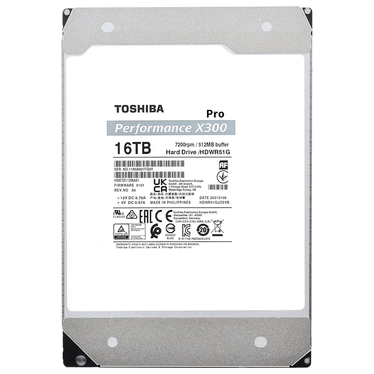 Toshiba X300 PRO 16TB High Workload Performance for Creative Professionals 3.5-Inch Internal Hard Drive – Up to 300 TB/Year Workload Rate CMR SATA 6 GB/s 7200 RPM 512 MB Cache - HDWR51GXZSTB