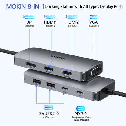 USB C Docking Station Dual HDMI, MOKiN Docking Station 3 Monitors, DisplayPort, VGA, 100W PD Charging, 2USB A 2.0, USB C 2.0 Ports Multiport Adapter, 8 in 1 USB Hub for Dell, HP, Lenovo ThinkPad