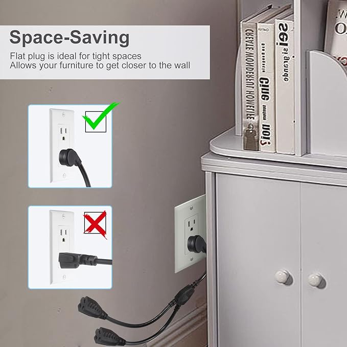 Power Extension Cord Y Splitter - 1FT Right Angled Type Flat Plug NEMA 5-15P 1 to 2 Way Outlet NEMA 5-15R SJT 16AWG 3 Prong Low Profile Black AC Power Cable Wire Extender for TV Computer Monitor