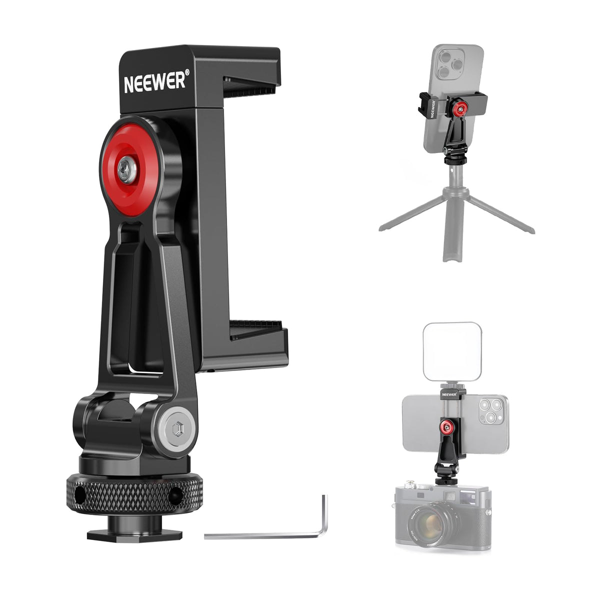 NEEWER Metal Phone Tripod Mount with Cold Shoe NATO Clamp Compatible with DJI RS5 RS4 RS3 Pro RS2 RSC2 Gimbal Stabilizer, 180° Tilt Phone Clip Holder Compatible with iPhone 15 Pro Camera Cage, GA010