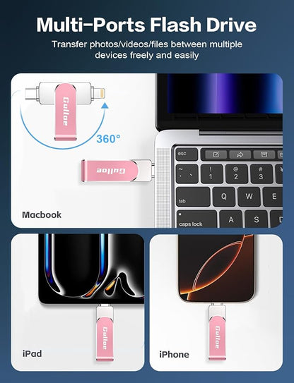 Gulloe 256GB Flash Drive Intended for iPhone, Memory Stick Storage for Photos and Videos Backup, Compatible with iPhone iPad Android PC, Plug and Play, No Application Required (Pink)