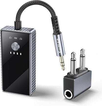 Xumee Airplane Bluetooth 5.2 Transmitter for 2 AirPods or Headphones, aptX Low Latency, 3.5mm AUX Jack & Bluetooth Receiver – Wireless Audio Adapter for Plane Travel, TV, Gym,Car,Speakers (Grey)