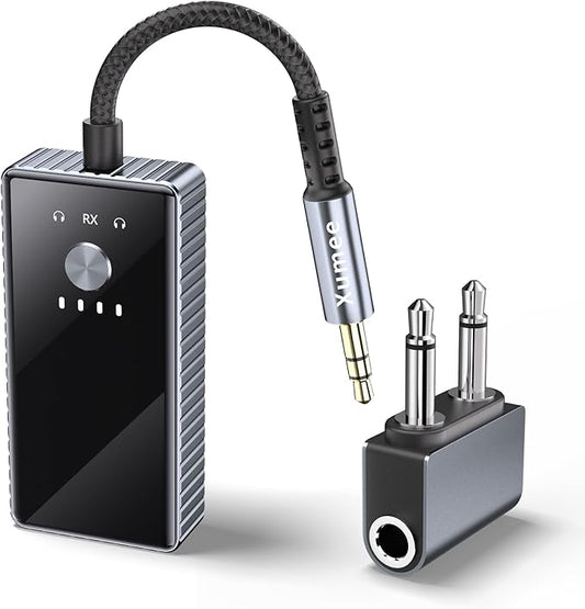 Xumee Airplane Bluetooth 5.2 Transmitter for 2 AirPods or Headphones, aptX Low Latency, 3.5mm AUX Jack & Bluetooth Receiver – Wireless Audio Adapter for Plane Travel, TV, Gym,Car,Speakers (Grey)