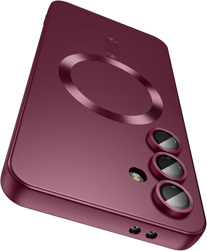 Magnetic for Samsung Galaxy S24 FE Case [Compatible with MagSafe][Built-in Camera Lens Protector] Slim Soft Silicone Bumper Shockproof Metallic Luster Phone Cover (Burgundy)
