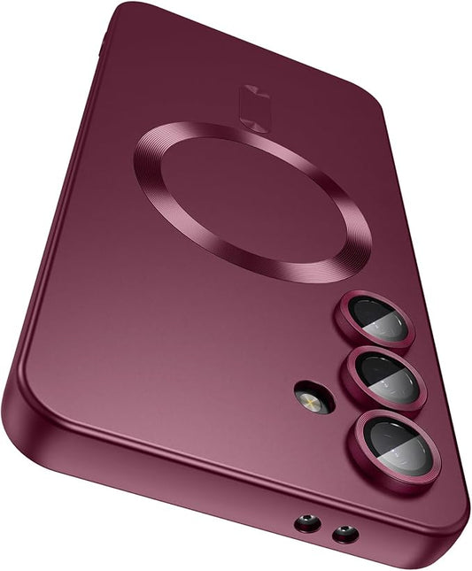 Magnetic for Samsung Galaxy S25 Case [Compatible with MagSafe][Built-in Camera Lens Protector] Slim Soft Silicone Bumper Shockproof Metallic Luster Phone Shell (Burgundy)