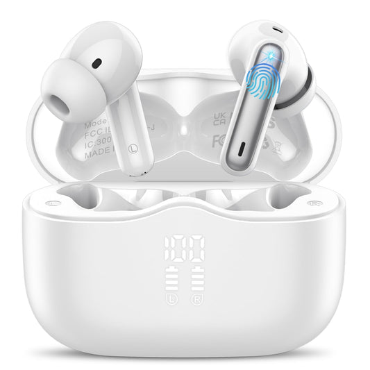 Wireless Earbuds, Bluetooth 5.4 Headphones in Ear with 4 ENC Noise Cancelling Mic, New Wireless Earphones HiFi Stereo Deep Bass 40H Playtime, In-Ear Bluetooth Earbuds LED Display IP7 Waterproof, White