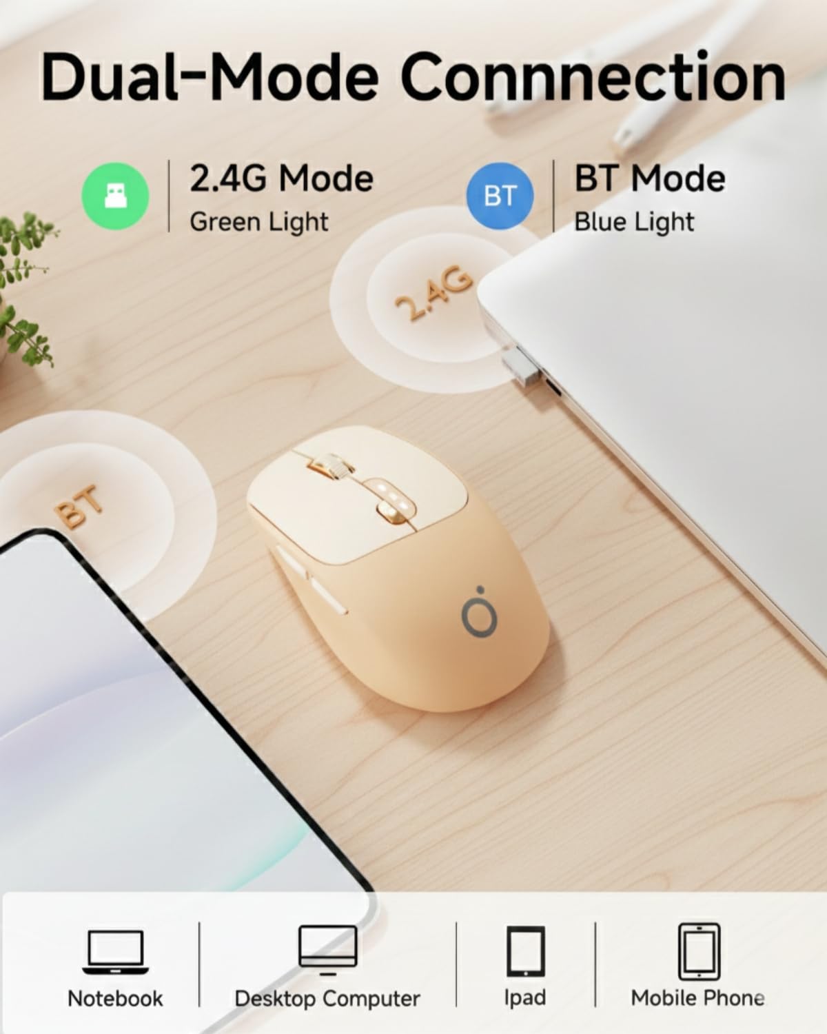SEUNKWANG Dual-Mode Wireless Mouse with Visible Battery Indicator, Silent Rechargeable Bluetooth & 2.4G Computer Mouse, 1600 DPI, One-Click Desktop Privacy Key, Portable Mice for Laptop/PC/Mac - Pink