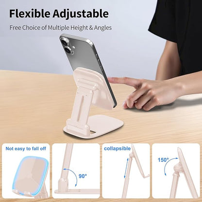 DEERLAMN Cell Phone Stand for Desk, Height Adjustable Cell Phone Holder Portable Desktop Stand, Travel Home Office Desk Accessories Compatible with iPhone 16/15/14/13/12/11 All Smartphone - Pink