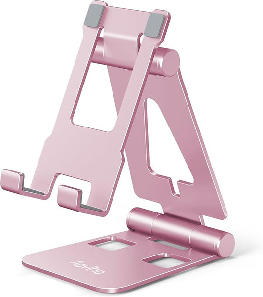 Aoviho Foldable Cell Phone Stand for Desk, Adjustable Phone Holder for Office, Video Calls and Streaming, Portable Desktop Phone Dock Compatible with iPhone 17 16 15 14, Samsung Galaxy, Pink