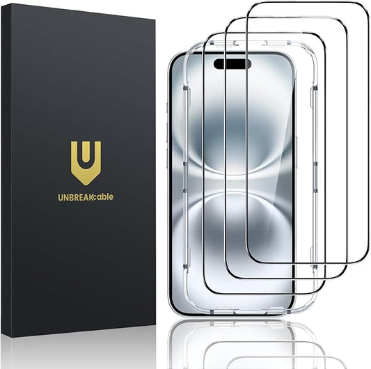 UNBREAKcable for iPhone 16 Plus Screen Protector, 3-Pack Full Coverage Tempered Glass [Military Grade Shatterproof] [9H Hardness] [Easy Installation Frame] [Bubble Free] for iPhone 16 Plus 6.7"